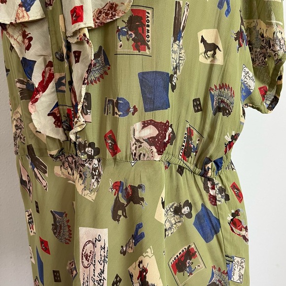 Vintage 90s Does 30s Green Novelty Print Cowboy Maxi Dress // Size Large - Picture 7 of 9
